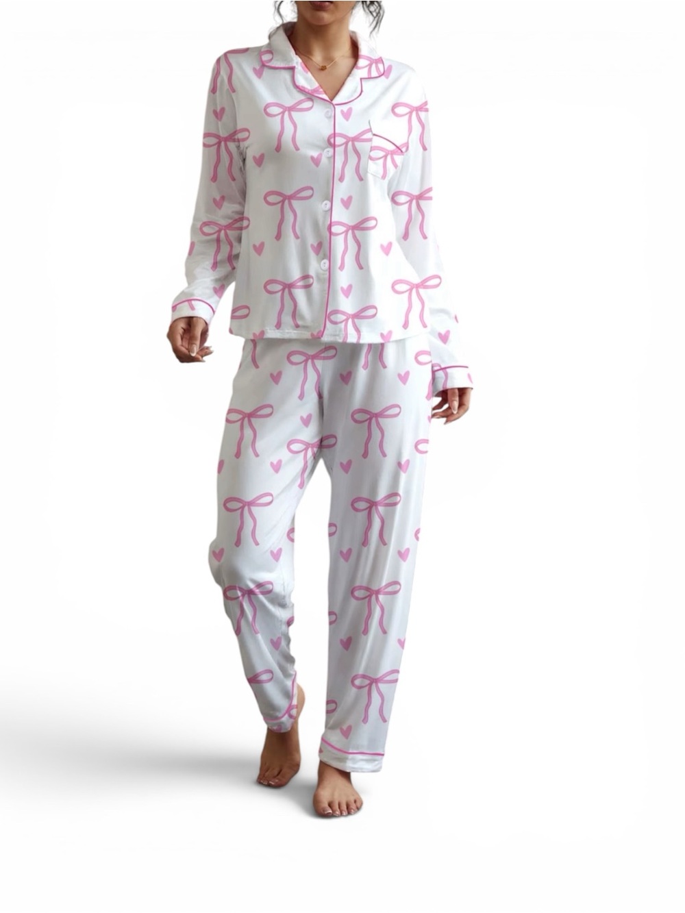 White Pajama Set with Pink Bow & Heart Print